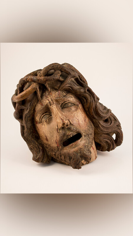 Spanish, Head of Christ (Fragment of Crucified Christ), circa 1600, carved and polychromed European limewood. Collection of the UK Art Museum, bequest of Gertrude E. Straus through Mr. and Mrs. Tony Zappone.
