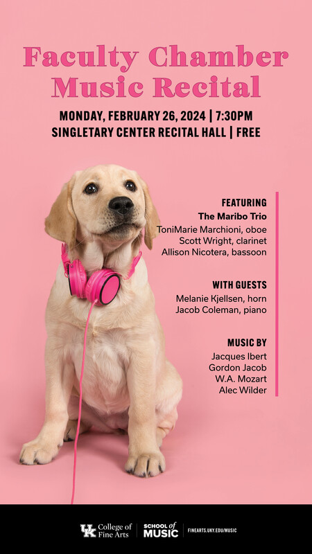 Dog with headphones on pink background, Faculty Recital poster, all text on website