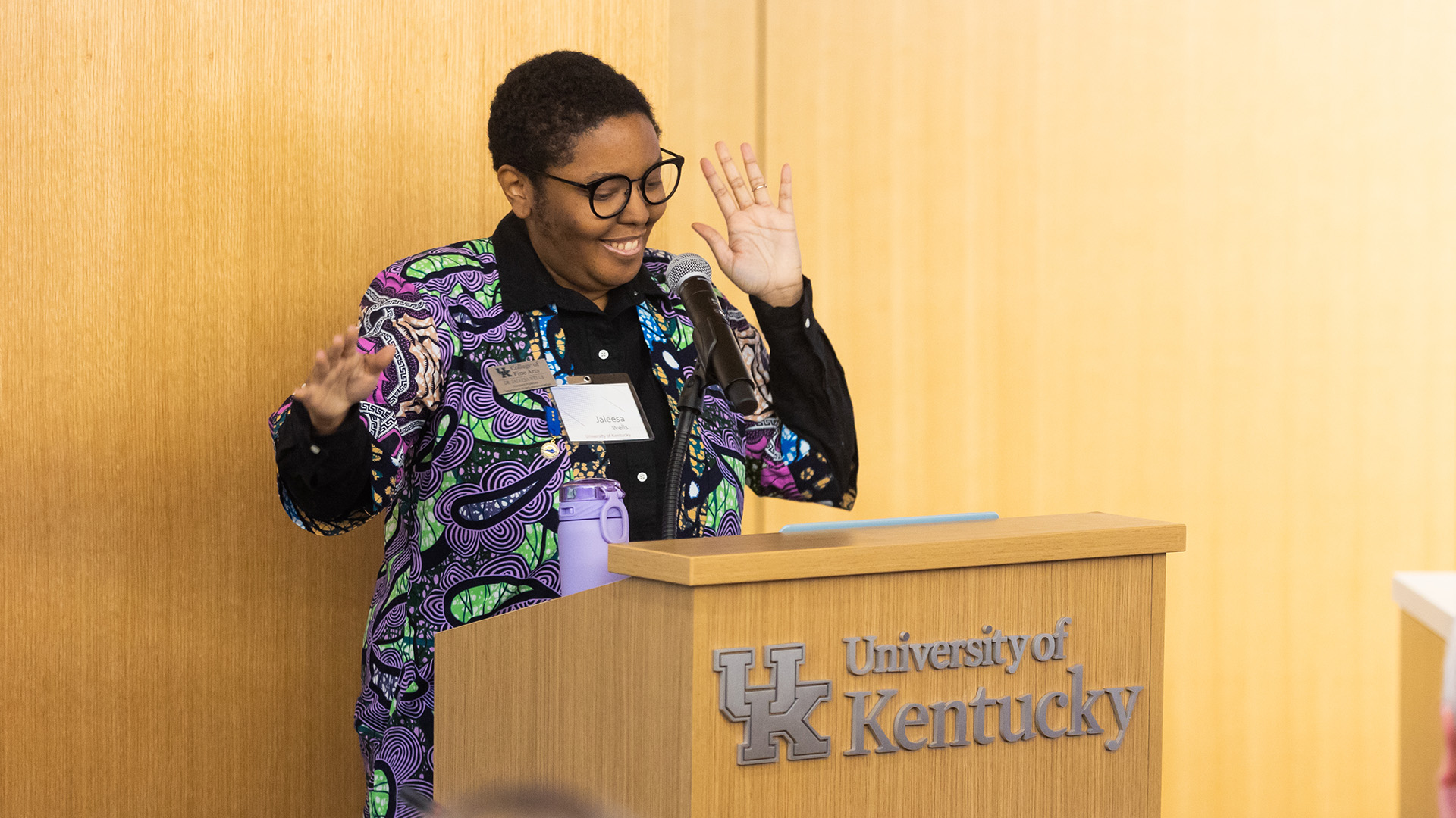 Jaleesa Wells, Ph.D,, speaks to attendees at the inaugural Women’s Perspectives in Arts Administration Symposium in 2024. Wells is the symposium organizer and an assistant professor of arts administration at UK. Arden Barnes | UK Photo