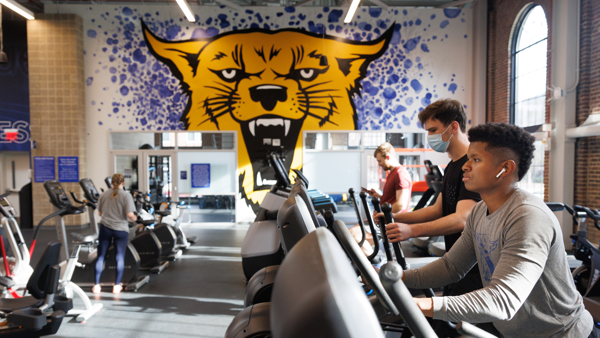 image of students exercising in Alumni Gym with Wildcat mural in background.