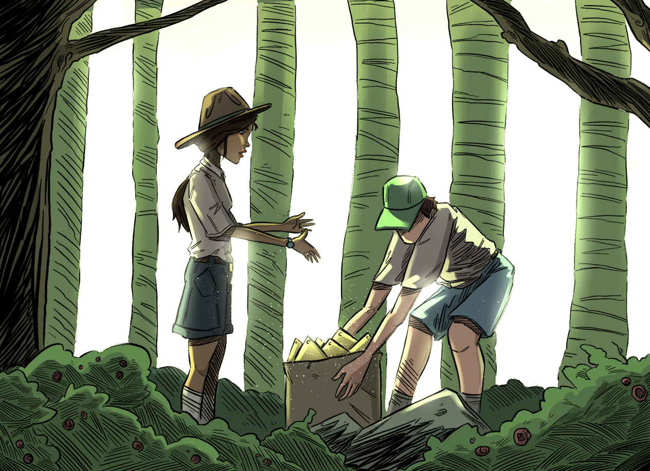 Illustration of Sal and Herbie in front of trees, exploring a box.