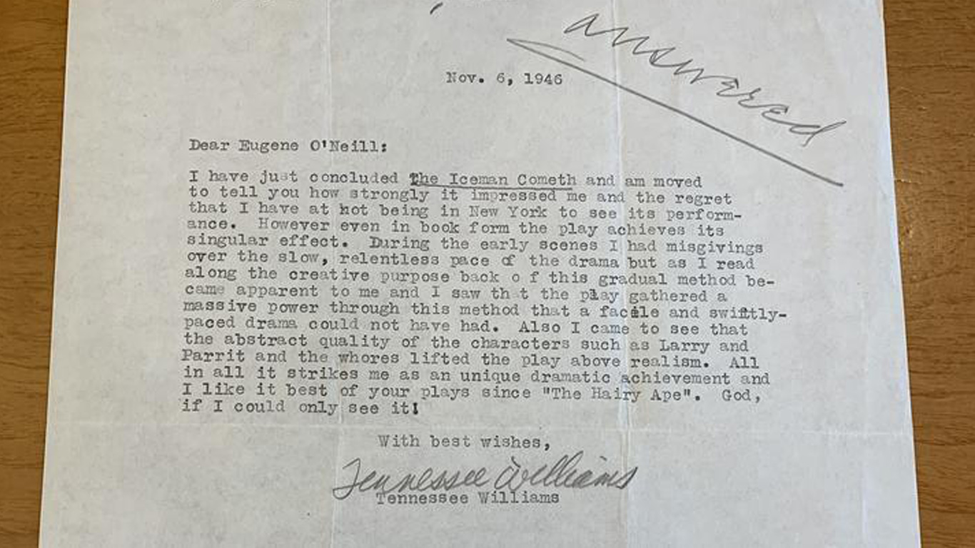 Image of letter discovered by Professor Herman Farrell rumored to be from Tennessee Williams to Eugene O'Neill
