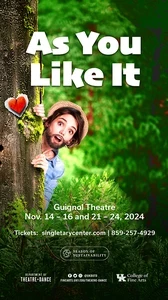 show poster with person behind tree, text duplicated on page