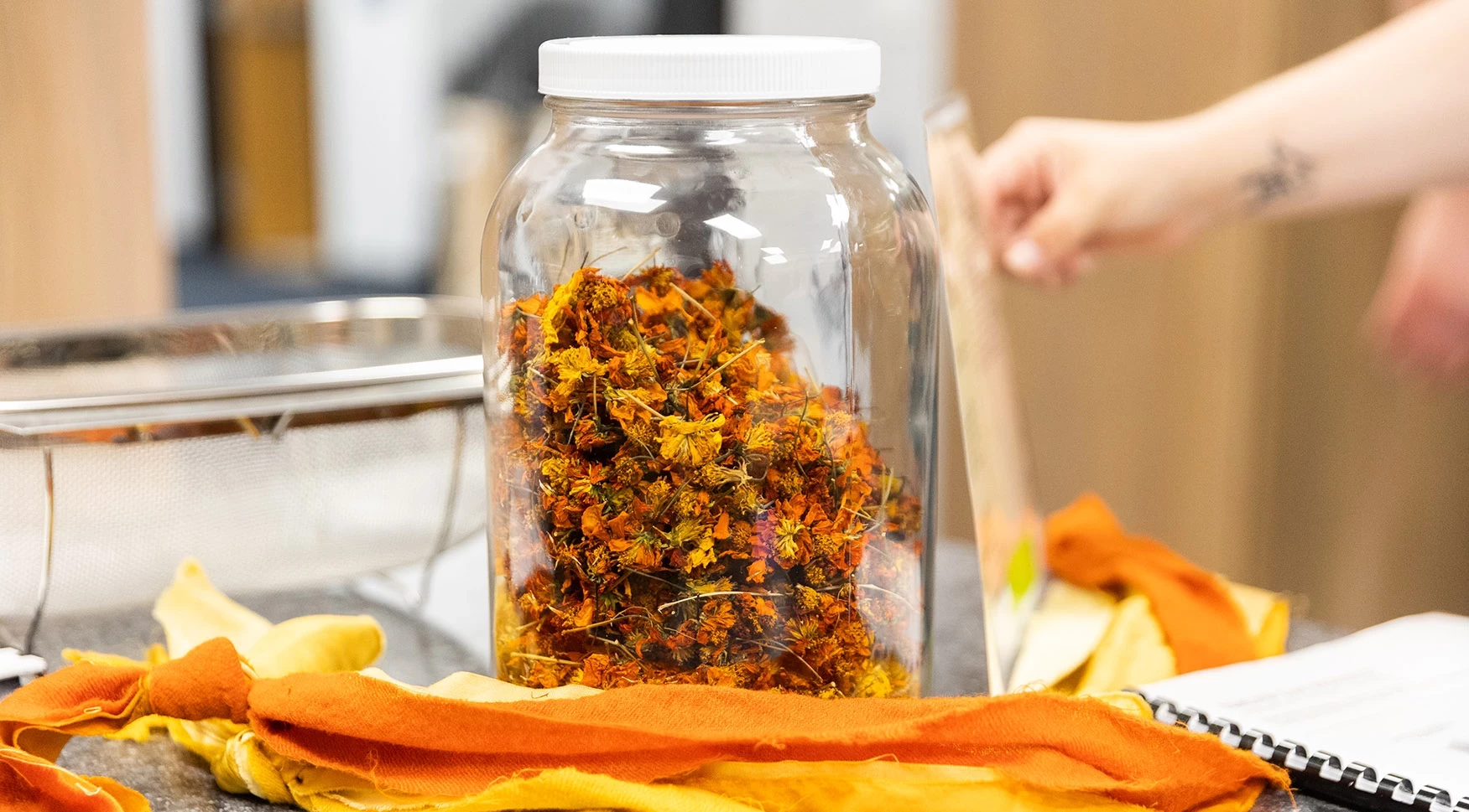 Jar of flowers with fabric in foreground