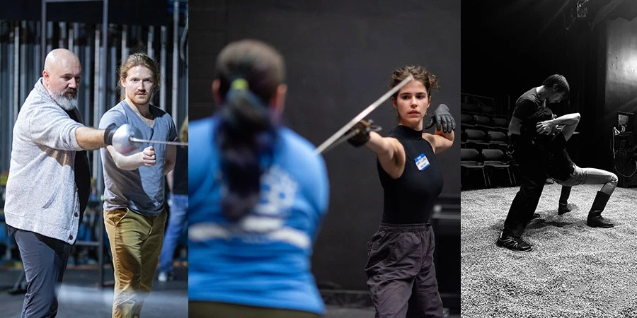 A collage of stage combat instruction. Left, a bald man with a large gray beard and a younger brown haired man practice swrod thrusts. Middle, in the blurry foreground a student with black hair defends and in the background instructor Sam-Claire Bieber attacks with a rapier. Right, two men practice a headlock grapple on a gravel covered stage.