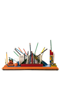 Photograph of Charles Williams' "Untitled (Pencil Holder)" - pencils and office supplies in a holder against a white background.