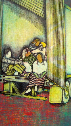 Red and yellow painting of figures in truck
