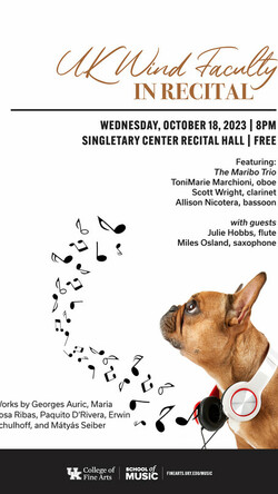 UK Faculty Wind Recital event details text over white field, with small dog in corner and music notes coming out of its mouth