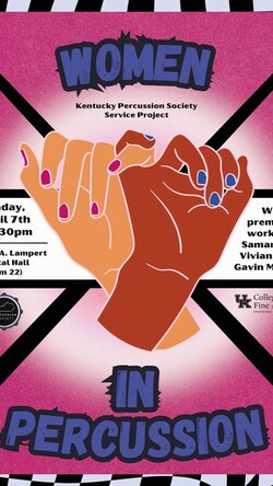 Illustrated poster with two hands holding pinkie fingers with event details in purple and black font, against a pink backdrop with two black drumsticks crossing