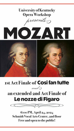 Images of Mozart wearing red suit and text reading UK Opera Workshop performance Wolfgang Amadeus Mozart's 1st Act Finale of Cosi fan tutte and an extended 2nd Act Finale of Le nozze di Figaro