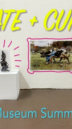 Graphic for Create and Curate UK Art Museum Summer Camp program with image of interior of Museum and pink marker drawing overtop image with event text details in yellow and neon blue