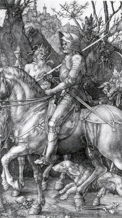 Albrecht Dürer, Knight, Death, and the Devil, 1513, copper plate engraving on paper. Collection of the UK Art Museum, purchase: Gaines Challenge Fund. 