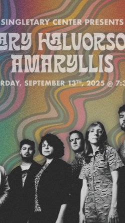 Concert poster for 'Mary Halvorson: Amaryllis' with a black-and-white band photo against a vibrant, psychedelic background. Event details in bold white text: 'Saturday, September 13th, 2025 @ 7:30 PM.