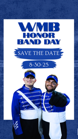 Promotional "save the date" image with two band members in uniform. All details in the image are produced in text on the page.