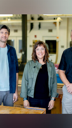 Image of SA/VS woodshop coordinator Paul Masterson, SA/VS Professor Rae Goodwin and Robinson Wood Utilization Center Director Daniel Wilson. Photo by Sabrina Hounshell.