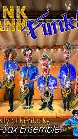 UK Mega-Sax latest album cover for "Stink, Stank, FUNK - 4.0," animated images of students onstage with their instruments