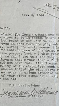 Image of letter discovered by Professor Herman Farrell rumored to be from Tennessee Williams to Eugene O'Neill