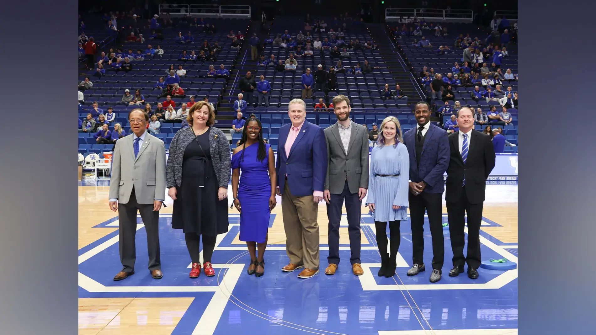 Photo of the 2023 Great Teacher Award Winners on center court at Rupp Area during a basketmall game