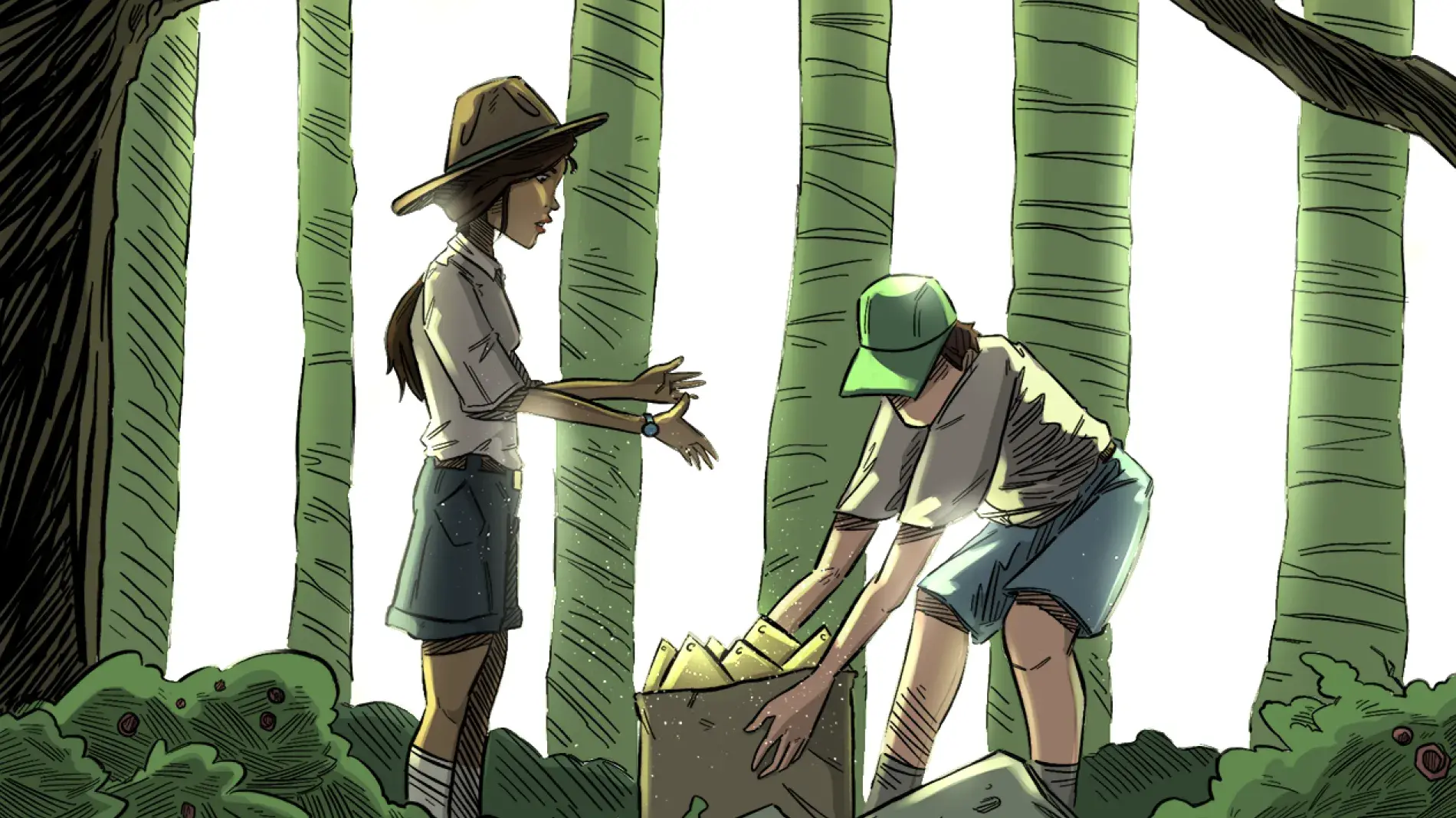Illustration of Sal and Herbie in front of trees, exploring a box.