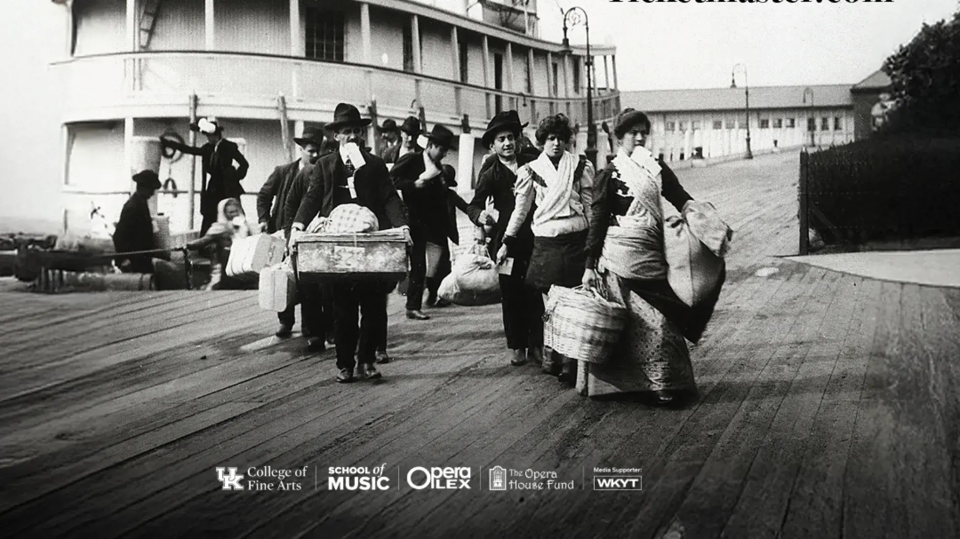 black and white photo of people leaving boat with text reading a nation of others