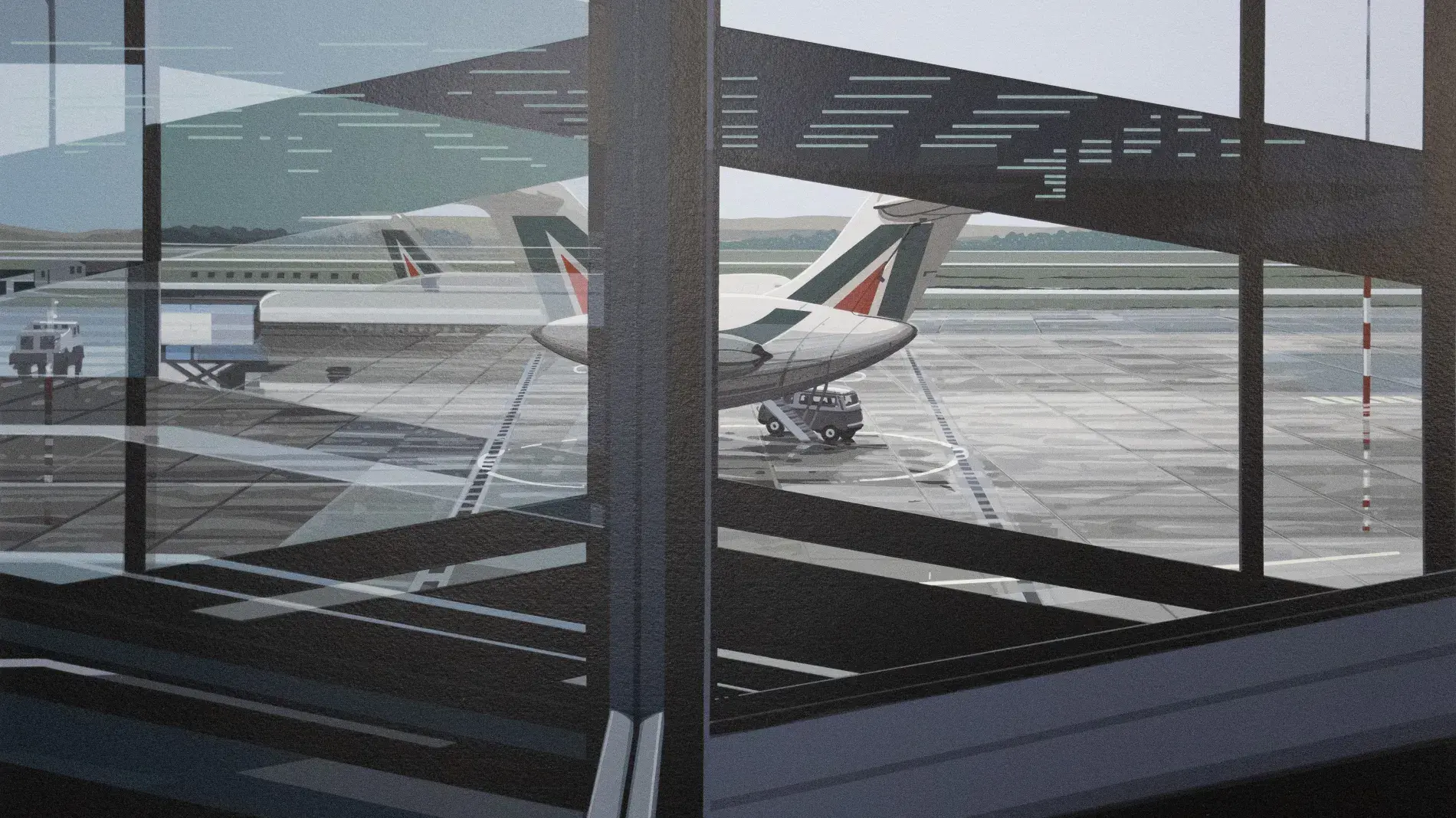Richard Estes, Flughafen (Airport) from the portfolio Urban Landscapes II, 1981, color screenprint on white wove paper. Collection of the UK Art Museum, purchase: Gaines Challenge Fund.    