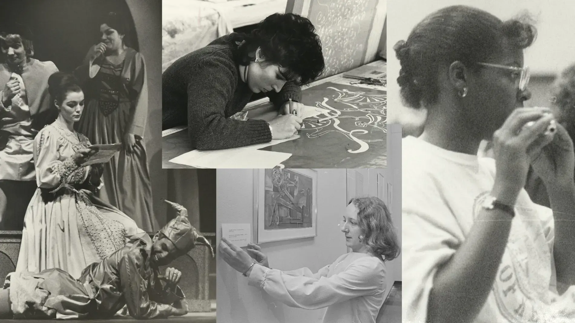 A collage of old black and white photos from the College's history: left is an old theatre production in renaissance costumes, top middle is a student drawing on a large canvas, bottom middle is a woman installing a plaque next to a painting in an art gallery, right is a woman playing the flute in a practice room with an ensemble.