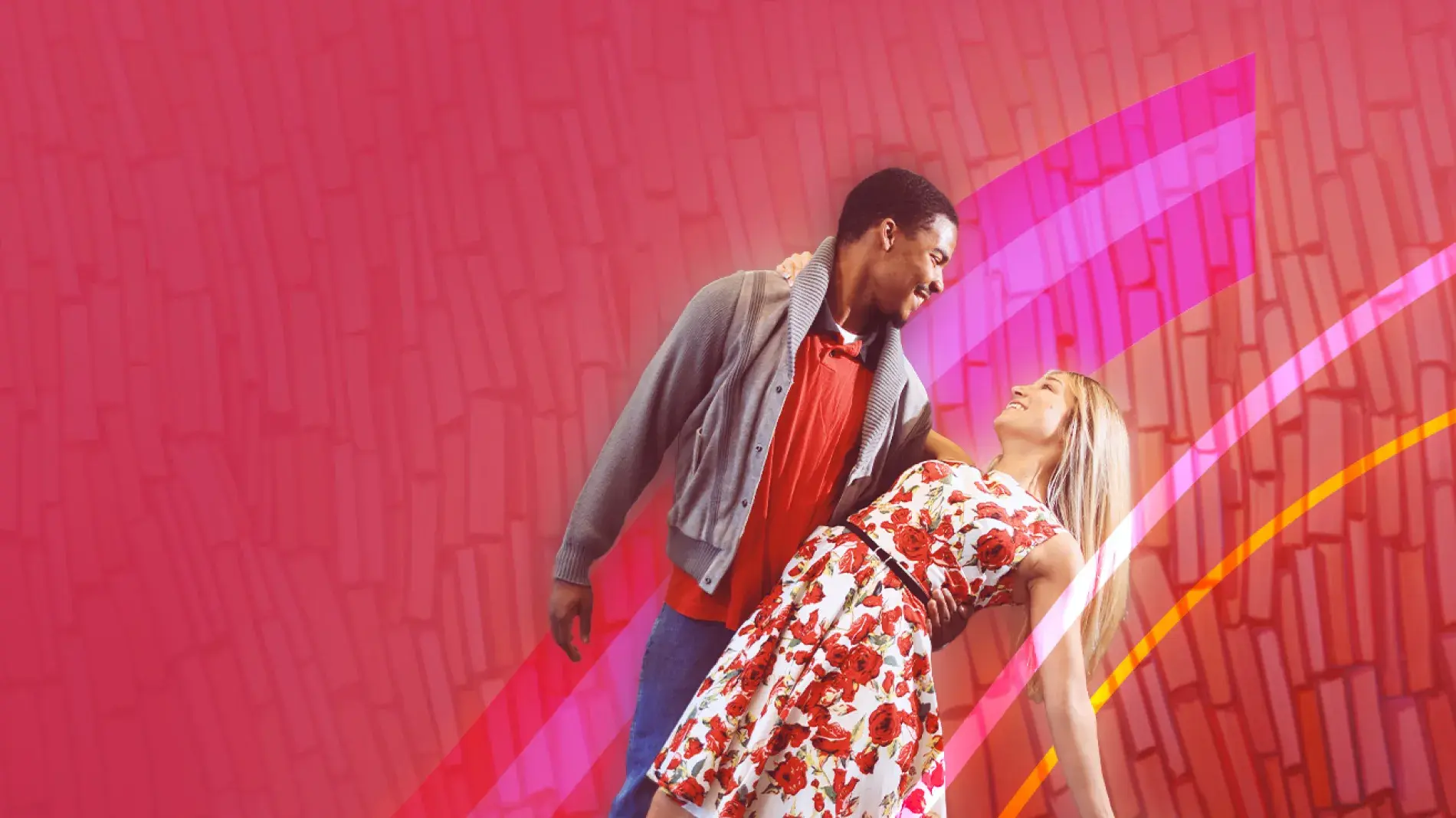 two people looking at each other in profile on pink textured background