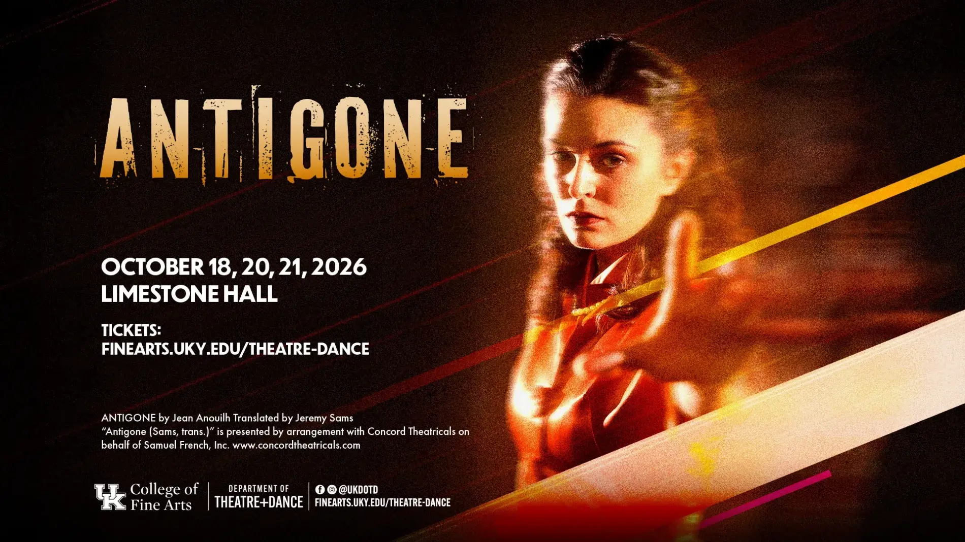 Woman with a determined gaze reaches toward the camera in warm, fiery light. “Antigone,” Oct. 18, 20, 21, Limestone Hall.