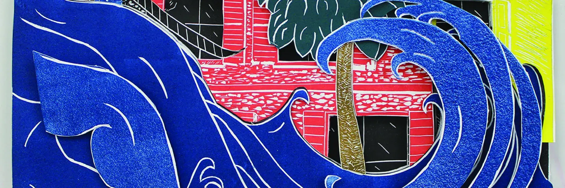 Printmedia work with ocean wave in front of palm tree