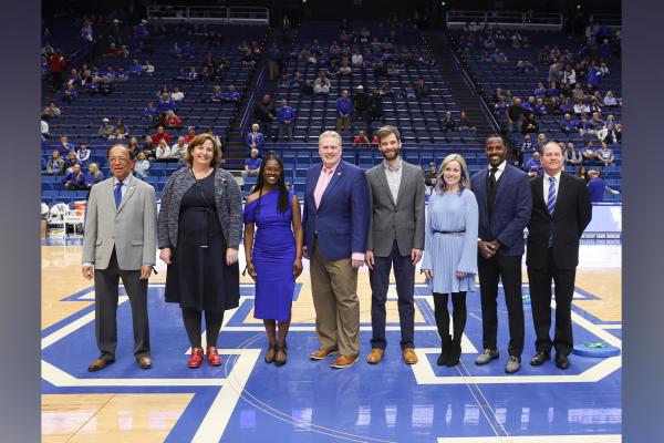 Photo of the 2023 Great Teacher Award Winners on center court at Rupp Area during a basketmall game