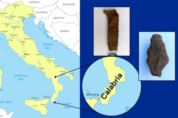 Map of Calabria with detail of artifacts found