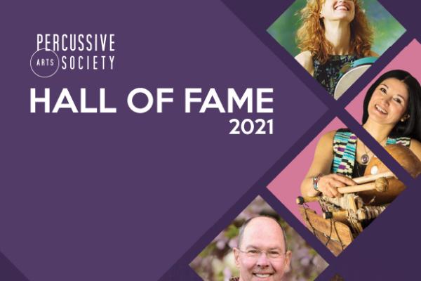 Cover for Percussive Notes magazine hall of fame 2021, featuring headshot of Jim Campbell and other winners
