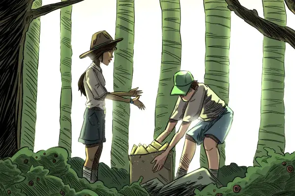 Illustration of Sal and Herbie in front of trees, exploring a box.