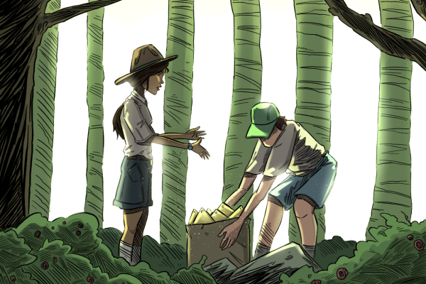 Illustration of Sal and Herbie in front of trees, exploring a box.