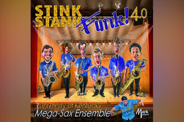 Cover art for the Stink Stank Funk 40 Album by the UK Mega-Sax Ensemble, cartoon depiction of ensemble onstage wearing blue uniforms playing their instruments