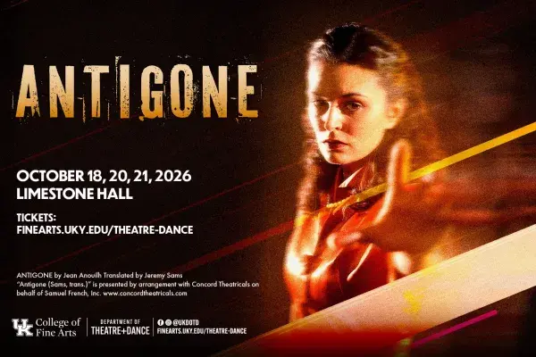 Woman with a determined gaze reaches toward the camera in warm, fiery light. “Antigone,” Oct. 18, 20, 21, Limestone Hall.