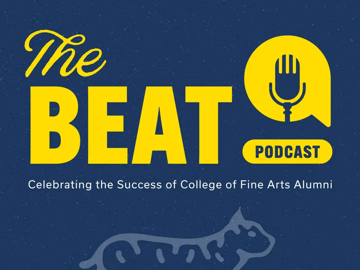 Podcast cover image. the main title "The Beat" is in bright yellow and a navy blue background, accompanied by a stylized mic icon in a speach bubble. A simplified wildcat graphic is a slightly lighter blue in the background.