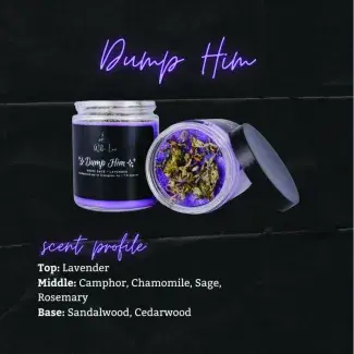 Display of Dump Him candle, listing ingredients