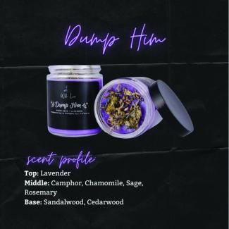 Display of Dump Him candle, listing ingredients