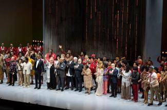 The curtain call following Terence Blanchard's "Fire Shut Up in My Bones," which opened the Metropolitan Opera's 2021-22 season. Photo: Jonathan Tichler/Met Opera.
