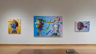 Gallery photo of John Harlan Norris artwork - three colorful abstract paintings, John Harlan Norris, Participants, 2020, oil, acrylic and sand on canvas, 60 x 84 inches (center)