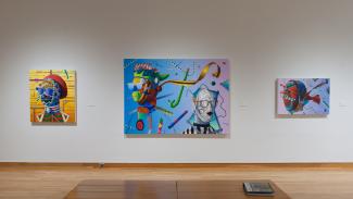 Gallery photo of John Harlan Norris artwork - three colorful abstract paintings, John Harlan Norris, Participants, 2020, oil, acrylic and sand on canvas, 60 x 84 inches (center)