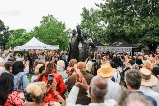 "Towards Freedom," a sculpture depicting abolitionists Lewis and Harriet Hayden, who were formerly enslaved in Lexington — was dedicated on North Limestone Street in Lexington on Juneteenth. Photo courtesy of VisitLEX.