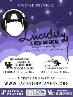 Lucidity play promotional poster with purple background