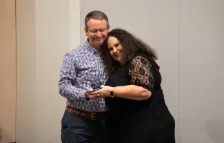 Travis Newton, PhD student, with Rachel Shane, chair of the Department of Arts Administration.