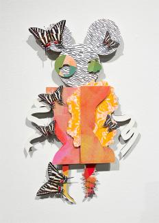 Marika Christofides, Little Sisters: Puffs, silkscreen, photolithography and digital print on plywood backing, 16 x 20 inches, 2024