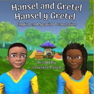 hansel and gretel book cover with two children in front of forest