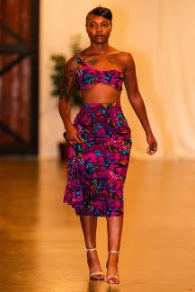  Brianna Armstrong, Island Gyal In Bloom (Outfit #1), Tribal Pink & Purple Skirt Set, upcycled gaucho set from Nana, 2022