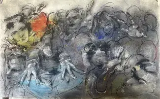 Natalia Luria, Mayhem, soft pastel and charcoal on paper. 50 x 30 in. 2025