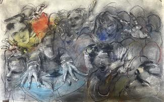 Natalia Luria, Mayhem, soft pastel and charcoal on paper. 50 x 30 in. 2025